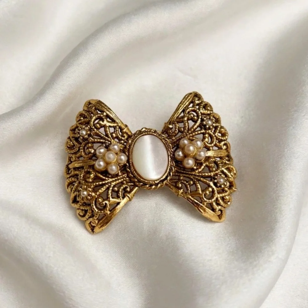 Gold Filigree Bow Brooch with Pearl Accent